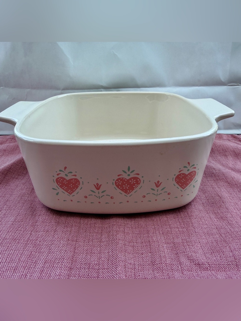 Corningware White Ceramic Casserole Dish with Pink Heart Motif